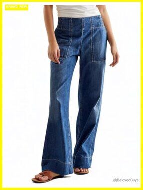 Mid Rise Wide Leg Pull-On Jeans Baggy Denim Pants with Pockets